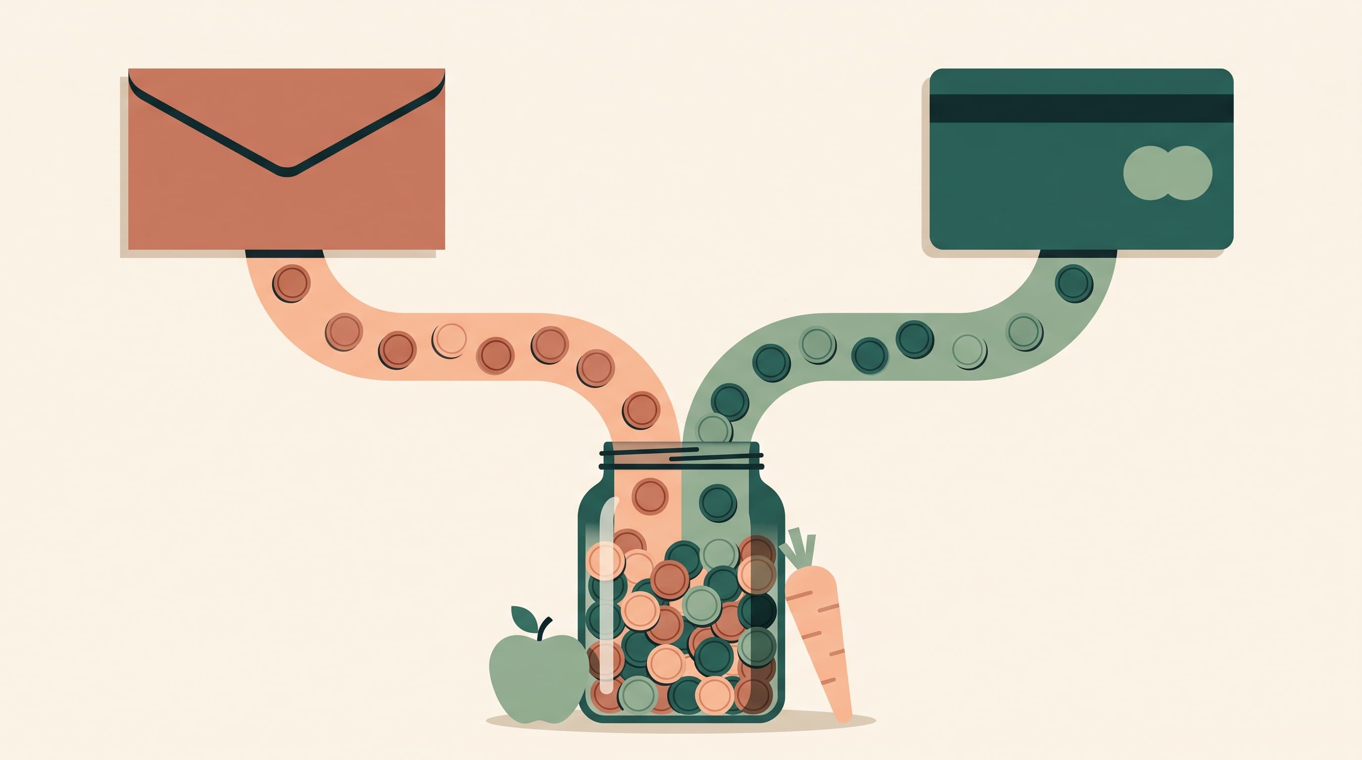 Two income streams, salary and meal benefit, flowing together into one grocery pot
